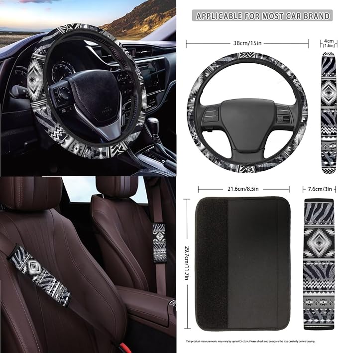 Wanyint Black Gray Car Seat Cover Set 15 Pack with Steering Wheel Seat Belt Strap Rearview Mirror Cover Garbage Cans Air Vent Pouch Coasters Keychain Auto Decor, Aztec Navajo Zebra Print