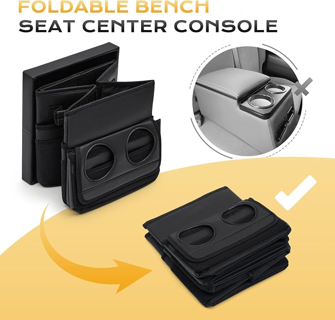 Foldable Bench Seat Center Console, Car Armrest Organizer Box with 2 Large Cup Holders & Massive Storage, Universal Portable Trunk Console Arm Rest for Car/Truck/Van/SUV Rear Organizers Back Seat