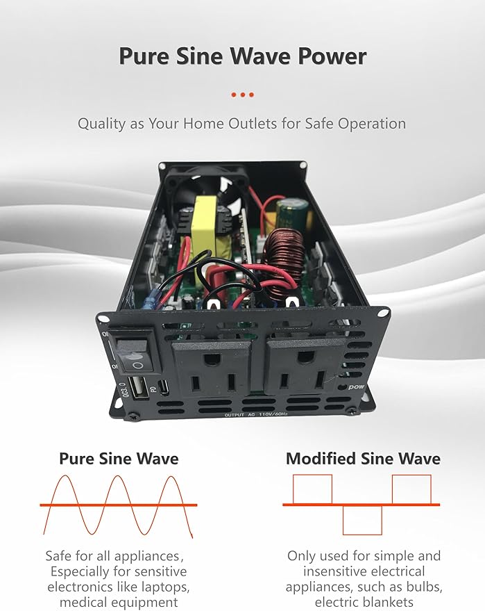 500W Pure Sine Wave Power Inverter DC 12V to AC 110V with 2 AC Outlets,1 USB-A and 1 USB-C Ports for Car, RV, Truck
