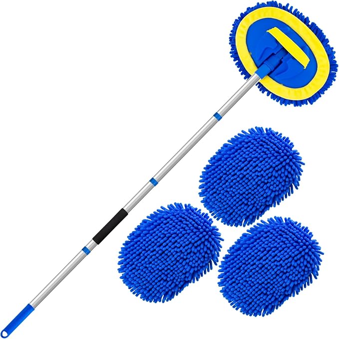 Car Wash Brush with Long Handle - 62" Car Wash Kit with Chenille Microfiber Cleaning Brush, Car Washing Mop with 3 Replacement Mitts, Scratch-Free Scrub Washer Wand for Vehicles, RV, Truck Blue