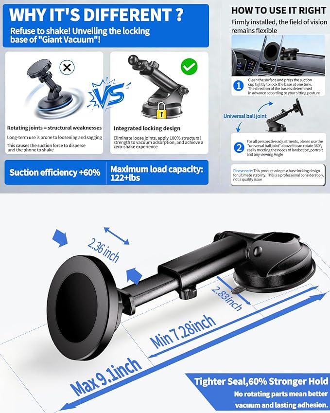 RayLink for Military-Grade Car Phone Mount【122+lbs Hold & Auto-Snap】 for MagSafe【2-in-1 Mount Included】 Magnetic Phone Holder for Car Truck Universal