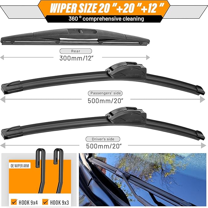 AUTOBOO 20"+20" Windshield Wipers with 12" Rear Wiper Blade Replacement for Honda Element 2003 2004 2005 2006 2007 2008 2009,2009-2014 Nissan Cube -Original Factory Quality (Pack of 3)