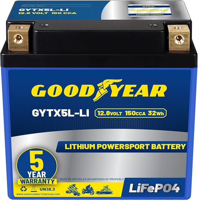 Goodyear GYTX5L-LI Lithium LiFePO4 12.8V 150CCA Rechargeable High Performance Powersport Battery with Smart BMS Replacement for Motorcycle, ATV, UTV, Scooter, Watercraft, Jet Ski, and Snowmobile