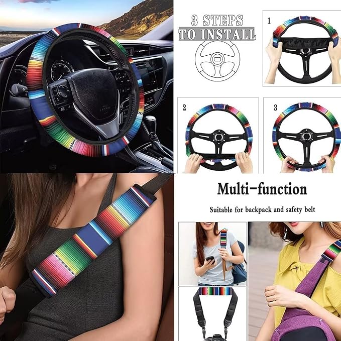 Mexican Blanket Serape Stripe Pattern Colorful 12 Pcs Set Car Accessories Universal Fit Full Seat Cover+Steering Wheel Covers+Keychain+Lipstick Holder+Coaster Auto Interior Protector