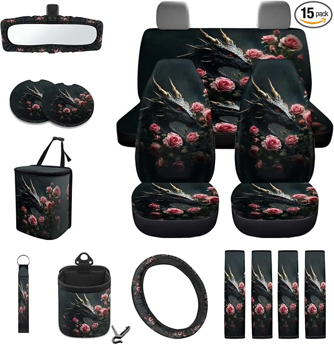 Cool Dragon Roses Print 15Pcs Car Seat Cover Full Set Car Steering Wheel Cover Seat Belt Cover Trash Bin Air Vent Storage Box Front Rear View Mirror Car Cup Holder Keychain