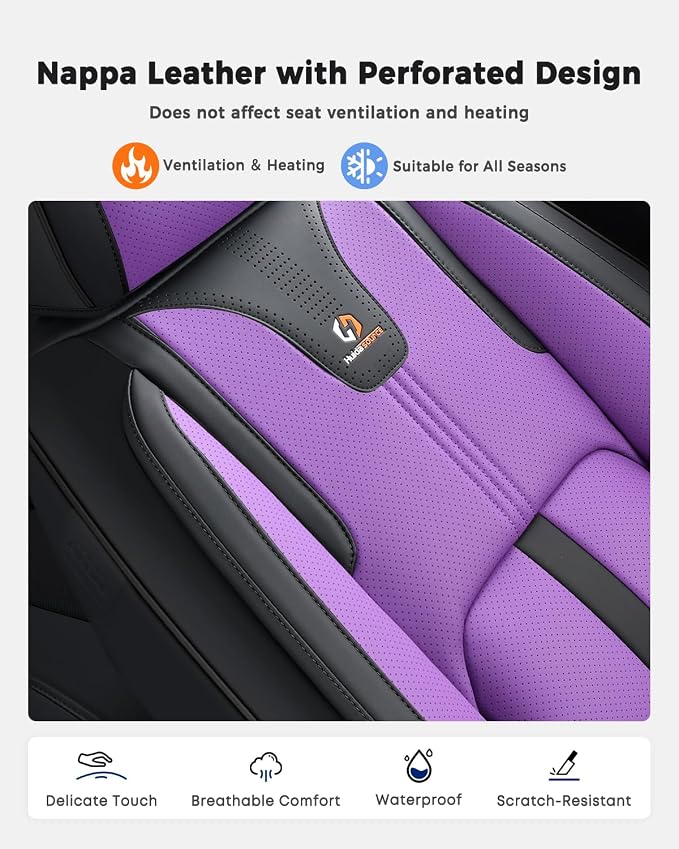 Huidasource Leather Seat Covers Luxury Nappa Leather, Seat Covers for Cars with Velcro Adjustable, Airbag Lumbar Support Cooling＆Heating, Seat Covers for SUV Fit for Most Cars SUV Trucks, Black＆Purple