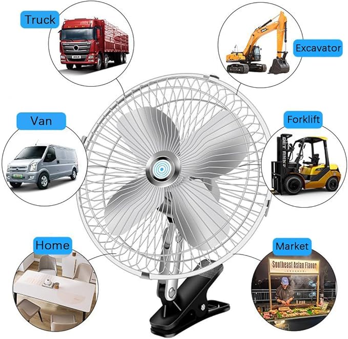 CYDZSW Car 12v Clip Fan,12 Volt DC 10 inch Large 360° Adjustment Metal Fans with Cigarette Lighter,90° Rotation Oscillating Clamp on Cooling Fan for Golf Cart RV and Vehicles (10inch)