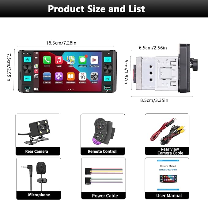 Single Din Car Stereo – Dual Knob Touchscreen Radio with Wireless Apple CarPlay & Android Auto Upgrade Your Classic Car with Easy Installation, Backup Camera Ready, Bluetooth, GPS, FM/AM, USB, EQ