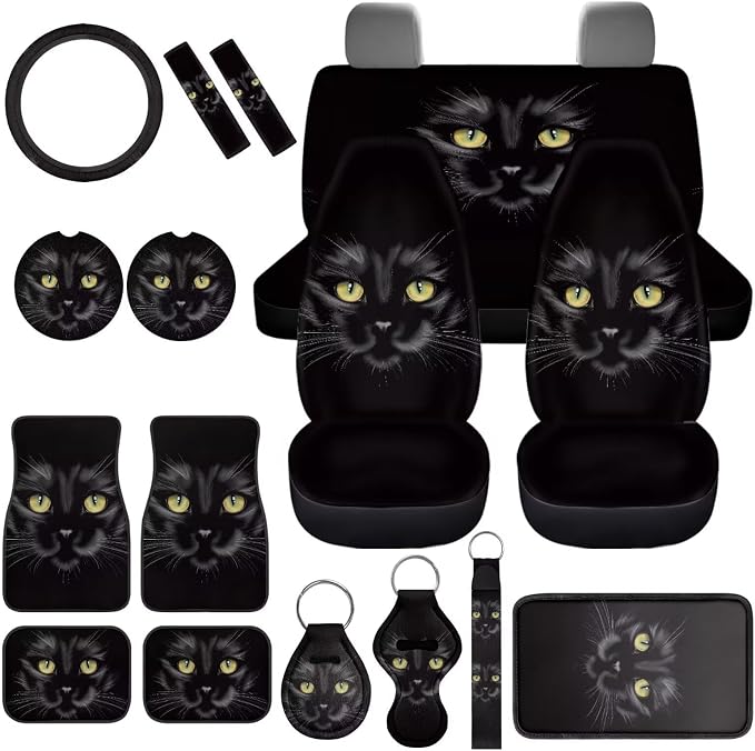 Black Cat Car Aaccessories Full Set of 17 Pcs,Black Cat Car Seat Covers Set with Heavy Duty Floor Mats,Steering Wheel Covers,Cool Print Seat Belt Shoulder Pad for Women Man,Universal Fit