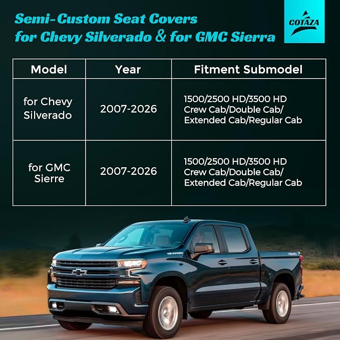 Seat Covers for Chevy Silverado & for GMC Sierra 2007-2024 2025 2026 | Precise Fit Black&Red Full Set