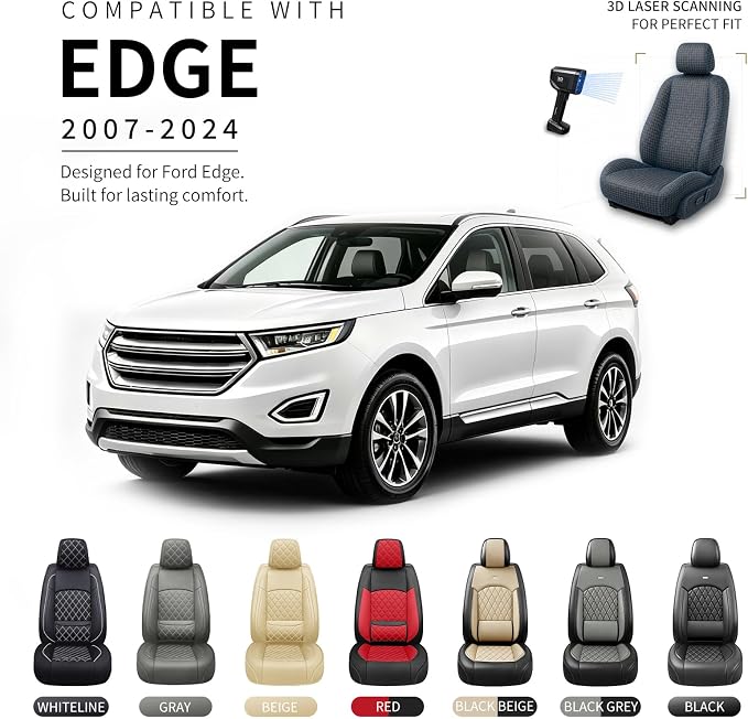 Fit Edge Car Seat Covers for Ford Edge 2007-2025 2026 - Luxury Leather, Anti-Slip, All-Weather, Waterproof & Breathable, Airbag Compatible, 2 Front Seats Only (Redline)