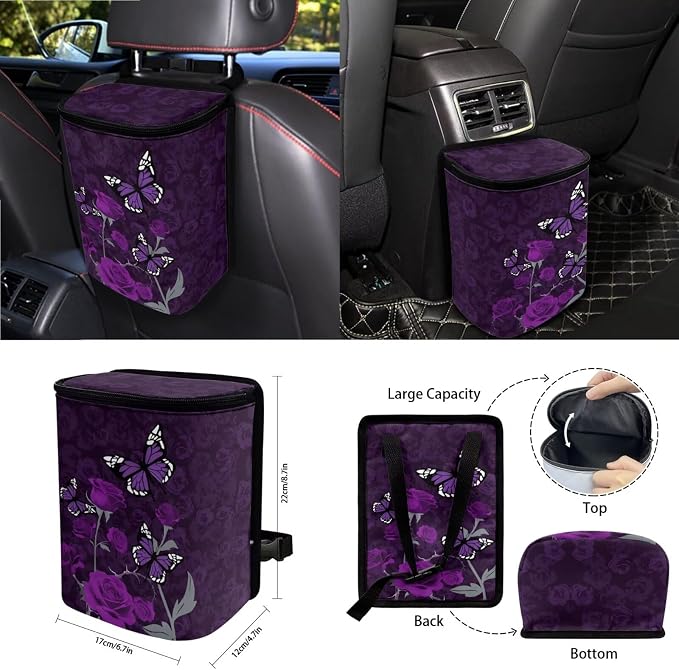 Butterfly Rose Print Car Interior Covers Full Set of 15 Decorative Car Front Rear Seat Covers Steering Wheel Cover Safety Belt Pads Rearview Mirror Cover Garbage Bag Keychain