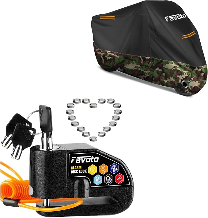 Favoto Motorcycle Cover 96.5 inches Length + Favoto Alarm Disc Lock, 3 Keys and 18 Batteries