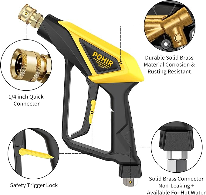 POHIR Short Pressure Washer Gun with Foam Cannon, 1/4 Inch Quick Connector, with 5 Pressure Washer Nozzle Tips 4500 PSI, 1 Liter
