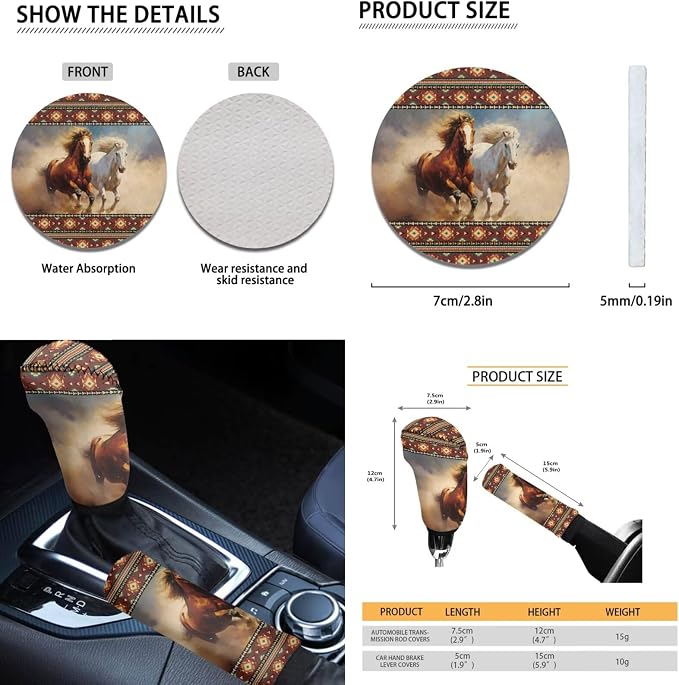 Dreaweet Aztec Horse Seat Covers for Cars Full Set,Brown South Western Car Accessories Steering Wheel Cover/Armrest Cover/Seatbelt Covers/Car Coasters/Gear Shift Cover/Handbrake Cover,12 Pcs Set