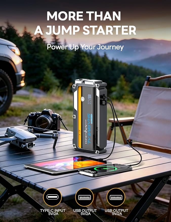 Sharmeal 6000A Car Battery Jump Starter Up to All Gas & 10.0L Diesel Engine, Car Battery Jumper Starter Portable 12V Jump Box with USB Output, Storage Case, LED Flashlight