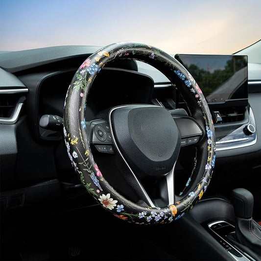 Multicolor Wildflower Steering Wheel Cover Auto Jacquard Steering Wheel Protector, Anti-Slip, Breathable, Absorbing Sweat, Universal Car Accessories 14.5–15 inch,Fit for Most Car, Trucks, SUV