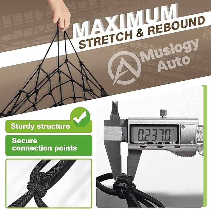 Muslogy Truck Bed Cargo Net Trunk Netting Compatible with Pickup Bed Stretchable 4'x6' to 8'x12' Accessories, Pickup Cargo Organizer SUV Sedan Storage Net w/Heavy Duty Carabiners