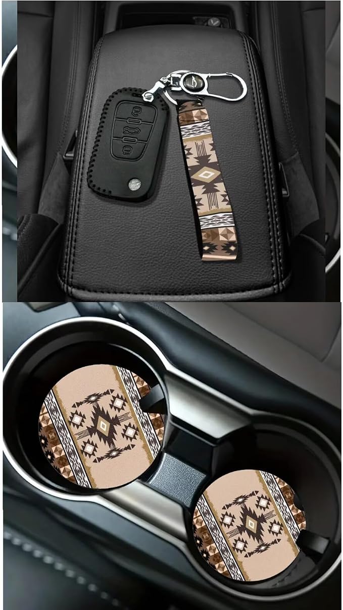 XYZCANDO Aztec Tribe Car Interior Sets 15 PCS Car Seat Cover Set Steering Wheel Cover Storage Box Garbage Bag Seat Belt Pads Cover Car Rear View Mirror Cover Coasters Keychain for Sedans Van SUV