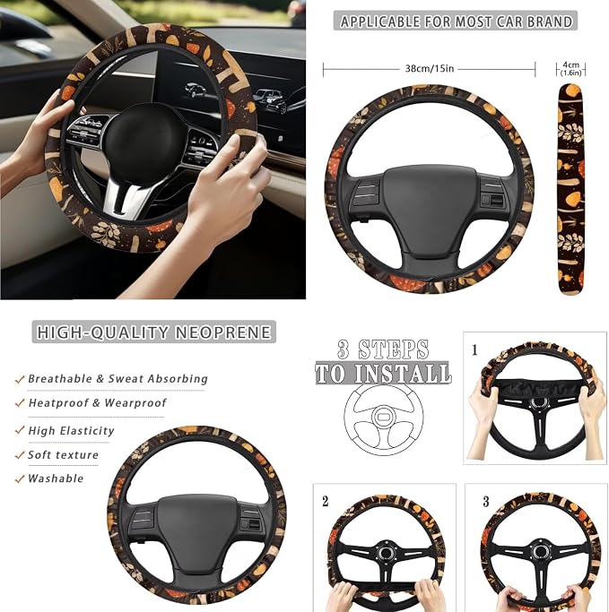 Cute Mushroom 15Pcs Car Seat Cover Full Set Car Steering Wheel Cover Seat Belt Cover Trash Bin Front Rear View Mirror Car Cup Holder Keychain