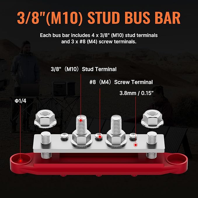 Joinfworld Bus Bar 12V 250A Power Distribution Block 4 x 3/8" Studs Marine Bus Bar 12 Volt Battery Busbar Terminal Block for Automotive, Car, Boat, Solar Wiring - Negative&Positive
