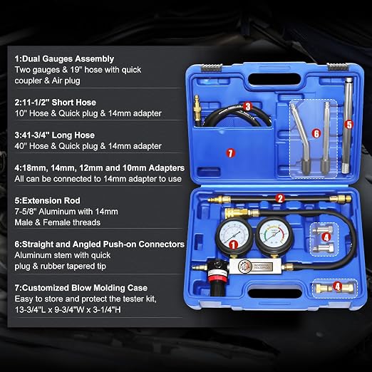 JIFETOR Cylinder Leak Down Tester Kit, Automotive Engine Compression Dual Gauge Leakdown Test Set with 10 12 14 18mm Spark Plugs Universal for Small Engine Motorcycle ATV, Blue Case