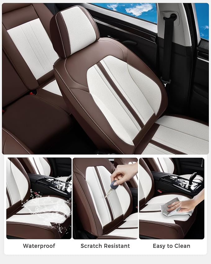 Huidasource Coffe White Front Seat Covers Luxury Faux Leather Front Car Seat Cover, Compatible with Airbags, Seatbelt Buckles, Perforation, Cooling＆Heating Universal Fit for Most Cars Vans Trucks SUVs