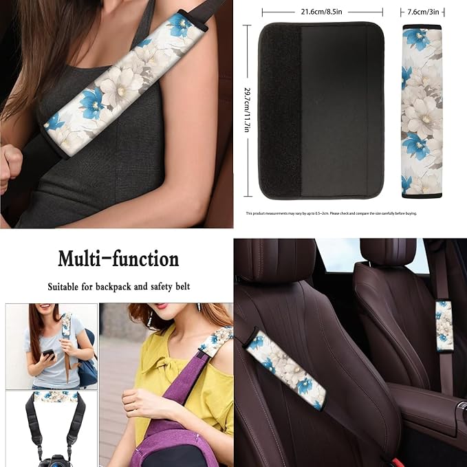 13 Pack Jasmine Flower Car Seat Cover, Jasmine Flowers Blue White Steering Wheel Cover, Vintage Floral Durable Car Seat Protectors Seatbelt Covers Keychain