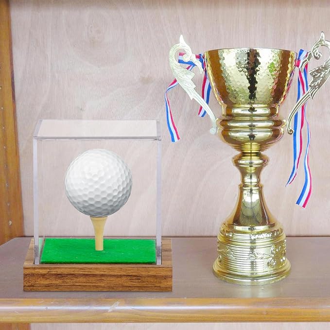 Hooqict Golf Ball Display Case Clear Acrylic Golf Ball Case Display with Wood Base & Tee Ball Holder Stand UV Protected Square Cube Box Single Ball Storage Golfball Collections