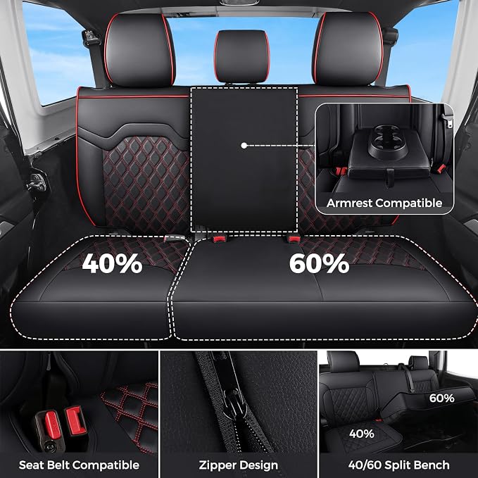 Huidasource Fit for GMC Sierra Back Seat Cover, Chevy Silverado Back Seat Cover 1500 2007-2013&2019-2026, 2020-2026 2500HD 3500HD Crew Cab WT LS LT, Sierra Rear Seat Covers Nappa Leather, Black＆Red