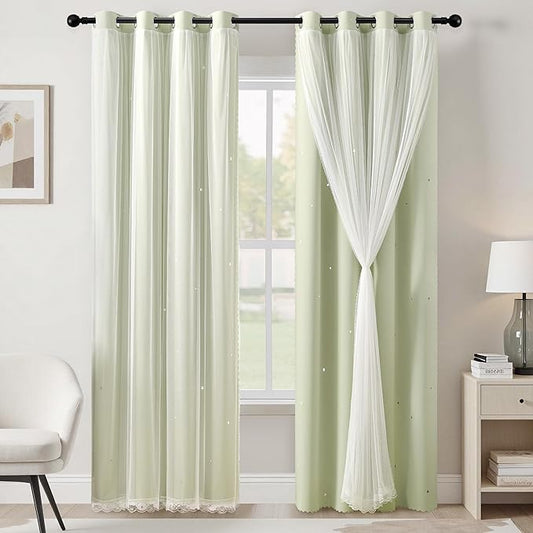 XiDi Sage Green Blackout Curtains for Kids Bedroom 96 Inches Long 2 Panels Thermal Insulated Energy Saving Living Room Window Treatment Curtains Star Blackout Drapes Nursery Kids, W52xL96 Inch, Sage