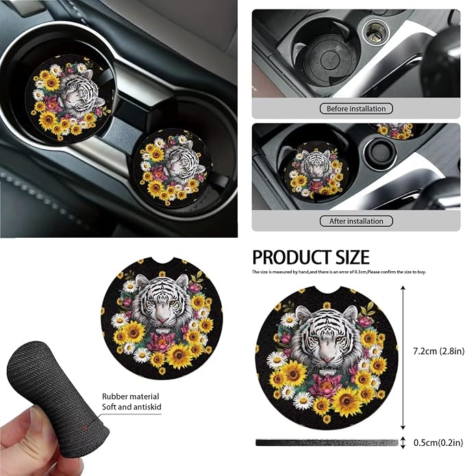 Tiger Sunflower Daisy Print Car Seat Covers Full Set, Car Accessories Set of 13, Universal Fit Steering Wheel Cover + Safe Belts Cover + Coasters with Notch for Trucks SUV Van