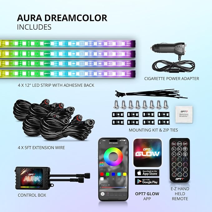 OPT7 Interior Bundle w/Underglow LED Lights for Cars Trucks with App & Remote Control, Music Sound Sync, Neon Underbody Lighting Kit, RGB Multicolor Car Ambient Decor