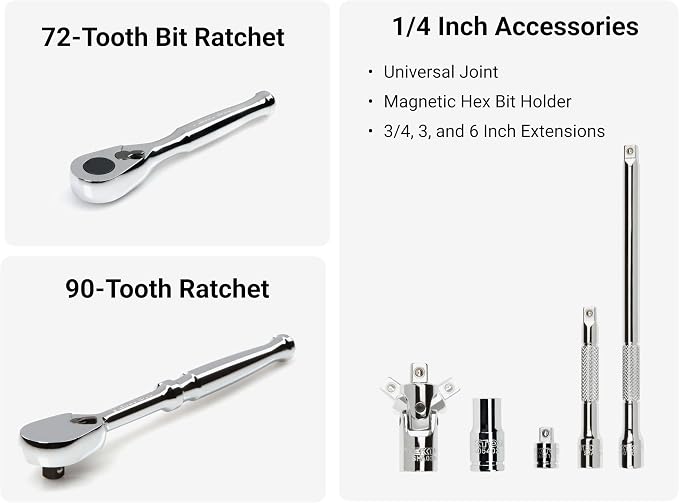 TEKTON 1/4 Inch Drive 12-Point Small Engine Shallow Socket, Bit, and Non-Quick-Release Ratchet Set with Case (50-Piece) | SKT07905
