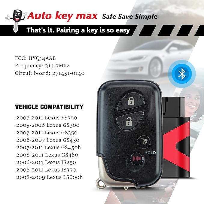 Remote Key Fob Replacement, Programmable Keyfob, Replacement Car Keys and Fob for Lexus ES GS is LS Smart Remote HYQ14AAB 271451-0140