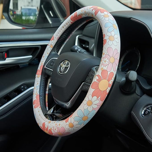 Retro Floral Daisy Colorful Flowers Car Leather Steering Wheel Cover - 15-inch Universal Microfiber- Soft & Breathable & Silicone Anti Slip Auto Steering Wheel Wrap for Women