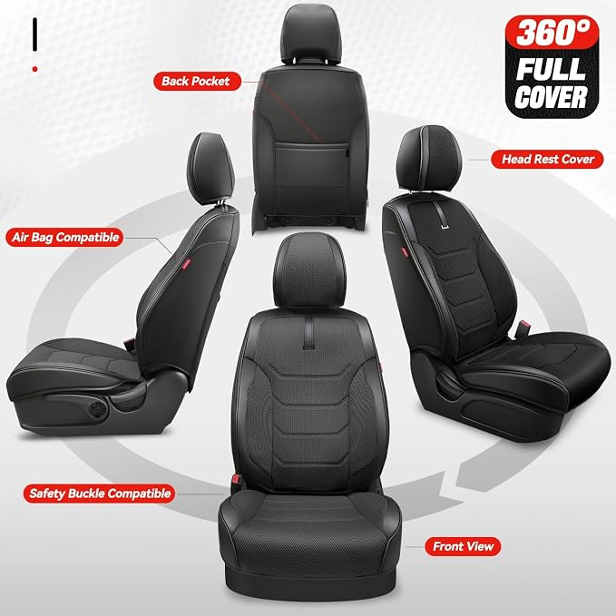 Auto Dynasty Car Seat Covers Full Set, Anti-Slip Automotive Interior Covers with Storage Pocket, Breathable Car Seat Protectors, Airbag Compatible, Universal Fit Most Vehicles, Black (Sport Series)