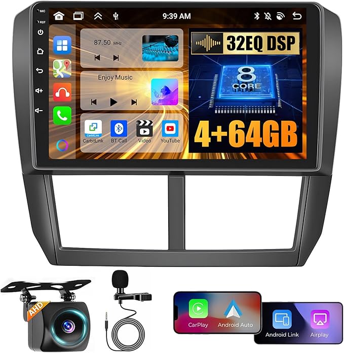 8 Core 4+64GB Android 15 Car Stereo for Subaru Forester Impreza WRX 2008-2012, 9 Inch IPS Touchscreen Wireless Carplay Car Radio 32EQ DSP FM RDS GPS Navigation 5G WiFi 59UI SWC Backup Camrea