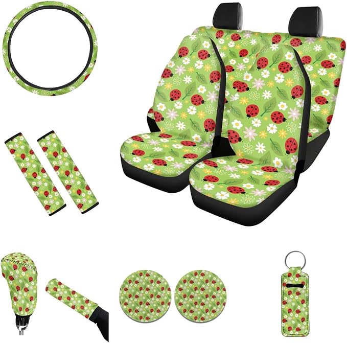 Car Seat Cover Full Set for Adult Universal Fit Steering Wheel Cover Cup Holder Coasters Shoulder Pad Seatbelt Cushion Keychains Car Shift Cover for SUV Truck Vans Sedans, Ladybug Green