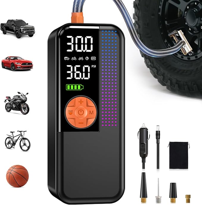 WEOLULI Tire Inflator Portable Air Compressor,150 PSI Cordless Air Pump, 12V DC Car Plug,Dual Power 10000mAh, Fast Inflation 24L/Min, 4 Preset Modes for Car, Bike, Motorcycle, Balls(Orange, 10000mAh)