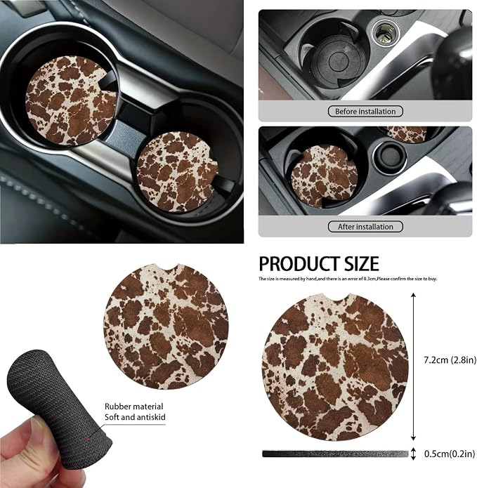 Wanyint Brown Beige Cow Print 15 PCS Car Seat Cover Full Set With Steering Wheel Cover, Seat Belt Pad, Trash Bin, Rear View Mirror Cover, Cup Holders, Keychain, Air Vent Storage Bag, Car Decoration