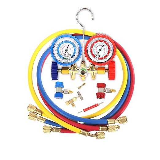 PB Motor Tech 3 Way AC Manifold Gauge Set for R134A, R12, R22 & R502 Refrigerants with Quick Couplers, 410 Adapter, Puncturing Can Tap & Valve Core Tool, for Automotive & Household AC Maintenance