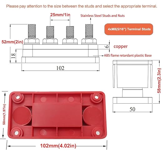 Busbar Copper 300A 12V-48V DC, 4 x 5/16” Posts Battery Terminals Bus Bar, Red Positive Power Distribution Block with Cover for Car RV Solar Truck Marine