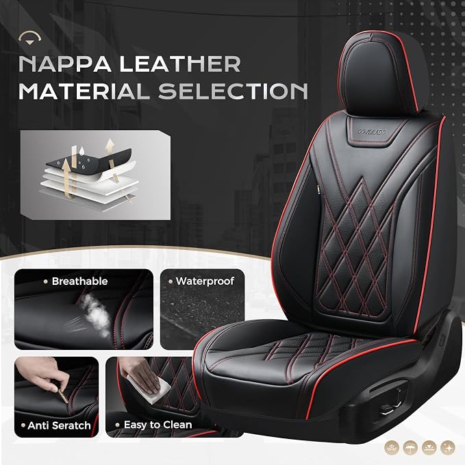 Coverado Car Seat Covers, Front Covers for Cars, Car Seat Cover Front Seats, Automotive Seat Cover, Waterproof, Leather Car Seat Cushion, Universal Interior Seat Protectors for Most Cars Black-Redline