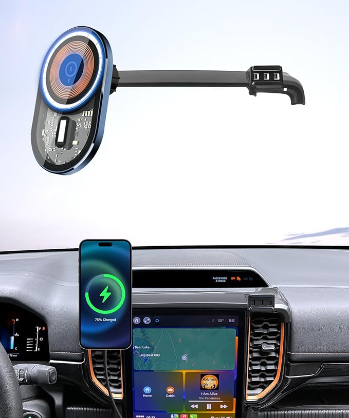 Wireless Charging Car Phone Holder for Ford Ranger 2024-2025, 12" Screen Fixed Clip, 360° Rotation Car Phone Mount Compatible with MagSafe