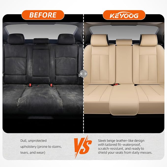5-Seater Car Seat Covers Full Set Waterproof and Breathable Nappa Leather, Fit for Front and Rear Seats of Cars, Compatible with Airbags, Car Seat Protector Covers for Most Cars - Beige