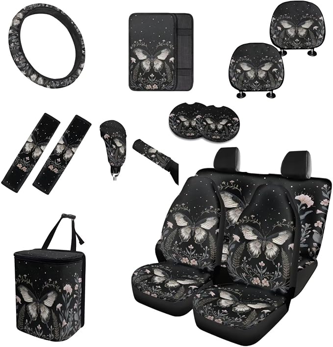 Lavender Moth Moon Floral Car Seat Covers Full Set 15 Pcs Universal Car Accessories Steering Wheel Cover Seat Belt Pads Garbage Bag Car Headrest Pillow Covers Armrest Pad