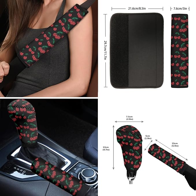 Wanyint Cherry Print 12 Pack Car Seat Cover Full Set for Women Men, with Steering Wheel Cover Seat Belt Pad Armrest Pad Handbrake Cover Gear Shift Cover Washable Cup Coaster Holder Auto Accessories