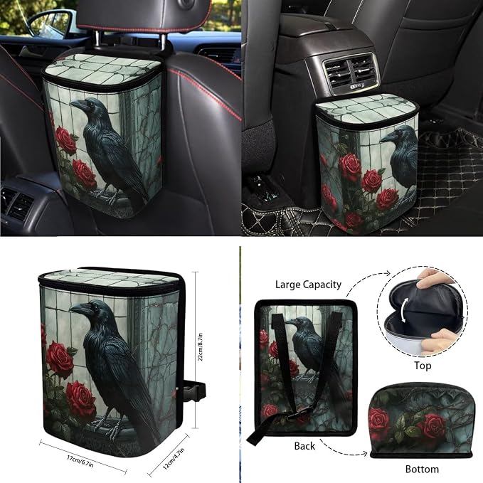 Crow Rose Print Car Accessories Set of 10, Front/Back Seat Cover, Auto Trash Can, Steering Wheel Cover, Cup Coasters, Keychain, Air Vent Pocket Bag Fit for Most Cars