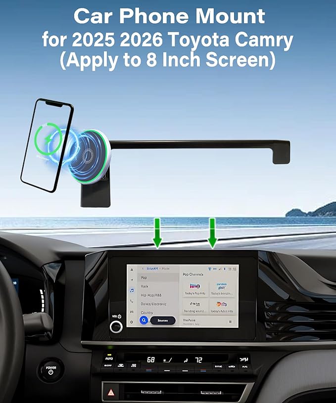 Car Phone Holder for Toyota Camry 2025 2026 Accessories 15W MagSafe Fast Wireless Charger Cell Phone Mount Apply to 8 Inch Touch Screen Fixed Clip 360° Rotation